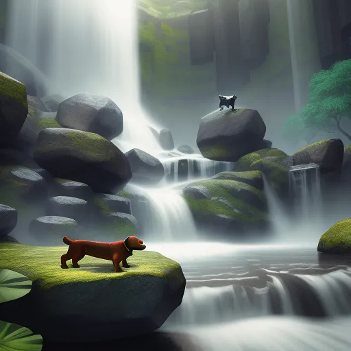 a dog is standing on a rock in front of a waterfall with a dog on it's back, by Pixar Concept Artists