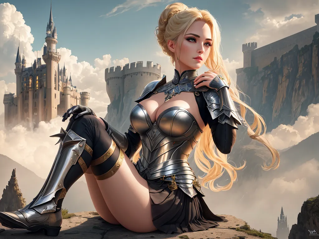 turn photo hd - a woman in a fantasy setting with a castle in the background and clouds in the sky behind her,, by Sailor Moon