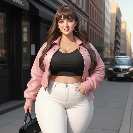 ai text to image generator - a woman in a pink jacket and white pants is walking down the street with a handbag in her hand, by Botero