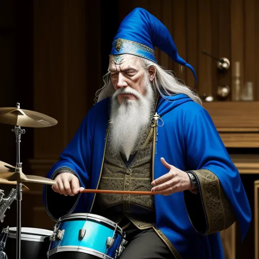 a man with a long white beard and a blue robe is playing drums in front of a piano and a fireplace, by Hayao Miyazaki