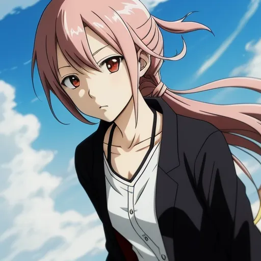 a girl with pink hair and a black jacket is standing in front of a blue sky with clouds and a red eye, by Toei Animations