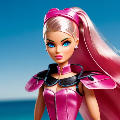 a barbie doll with pink hair and blue eyes on a beach with a pink dress and a pink hair, by Toei Animations