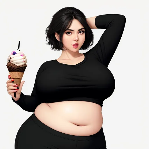 a woman in a black top holding a ice cream cone and a chocolate ice cream cone in her hand, by Terada Katsuya