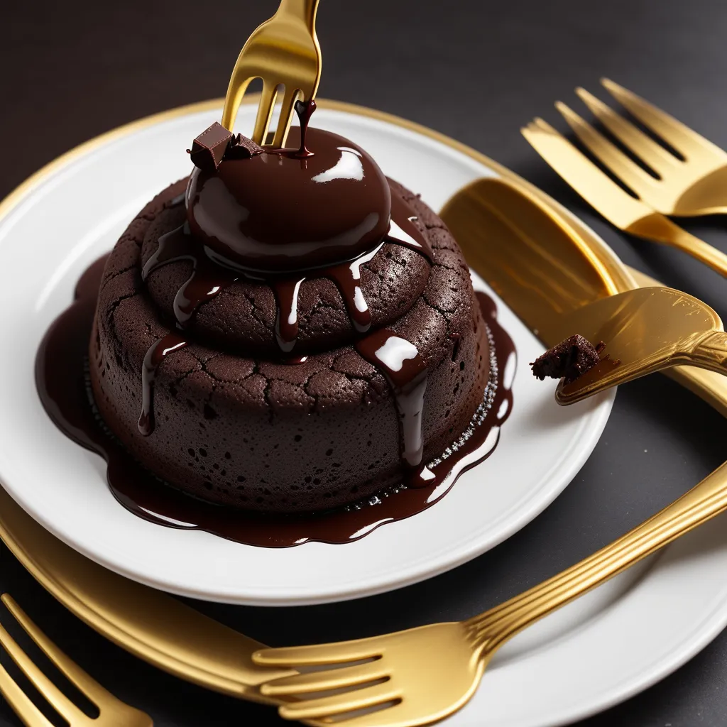 a chocolate cake with a chocolate sauce on top of it and gold forks on a plate with a fork, by Alessandro Galli Bibiena