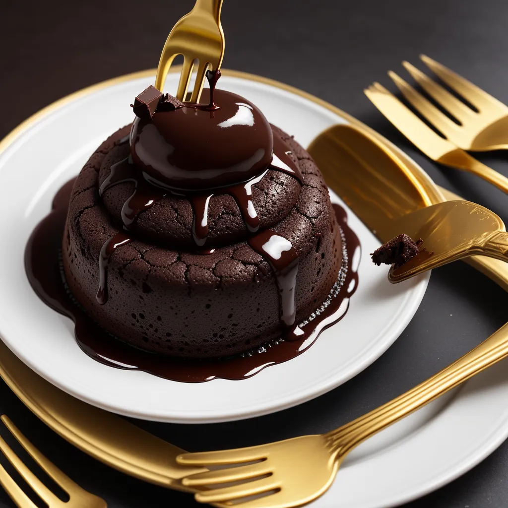 ai text image - a chocolate cake with a chocolate sauce on top of it and gold forks on a plate with a fork, by Alessandro Galli Bibiena