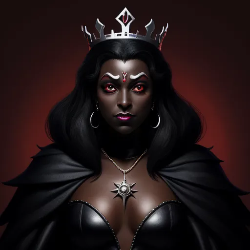 a woman with a crown on her head and a star on her chest, wearing a black dress and a crown, by Daniela Uhlig