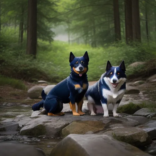 two dogs are sitting on a rock in the woods together, one is blue and the other is white, by Studio Ghibli