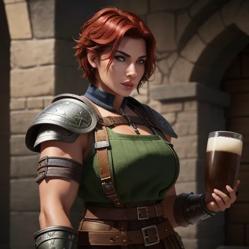 ai image generator dall e - a woman in a green top holding a beer glass and a beer mug in her hand and a brick wall behind her, by Diego Velázquez