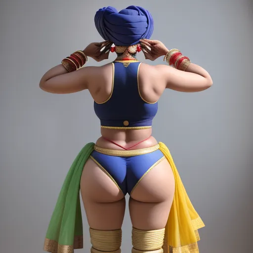 a woman in a blue and yellow outfit with a head scarf on her head and a scarf on her head, by Akira Toriyama
