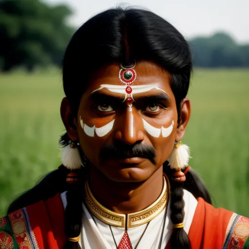 upscale images - a man with a painted face and a mustache in a field of grass with trees in the background and a sky in the background, by Kent Monkman