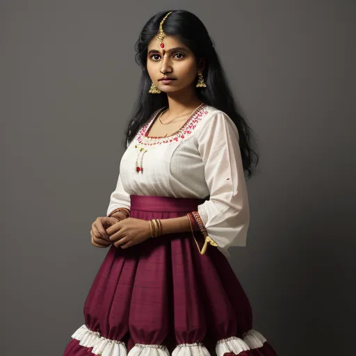 a woman in a dress posing for a picture with a grey background and a gray wall behind her,, by Raja Ravi Varma