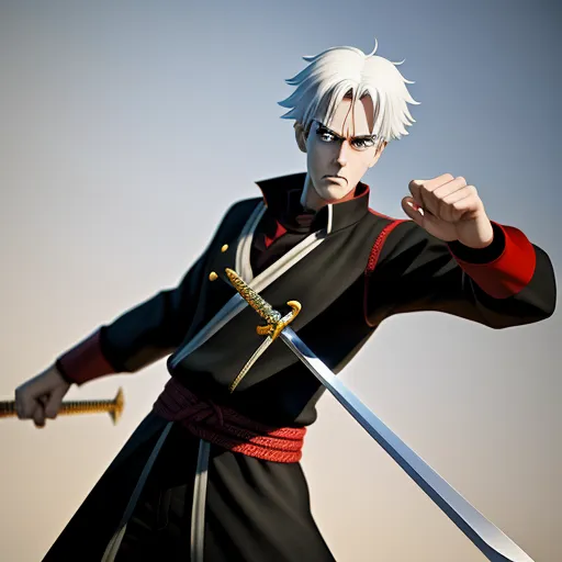 ai-generated images from text - a man in a black and red outfit holding two swords and pointing at something with his hand in the air, by Toei Animations