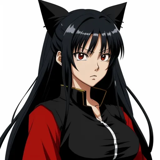 a woman with long black hair and a cat ears on her head, wearing a black and red outfit, by Toei Animations