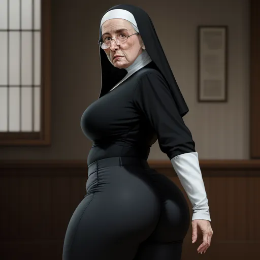 ai image generation from text - a nun is posing for a picture in a black outfit and a white head scarf, with a black top and leggings, by François Louis Thomas Francia