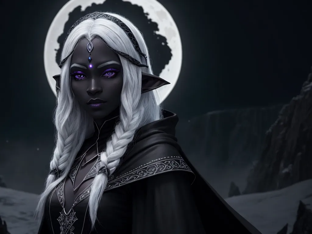 low quality picture - a woman with white hair and purple eyes in front of a full moon with a wolf like face and a black cloak, by Daniela Uhlig
