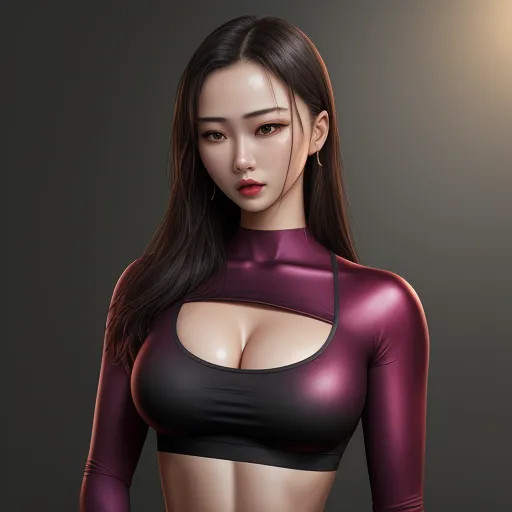 a woman in a purple top with a black bra and a black bra top on her chest and a black background, by Chen Daofu