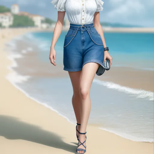 a woman walking on the beach in a short skirt and heels with a purse in her hand and a white shirt with a ruffle collar, by Chen Daofu