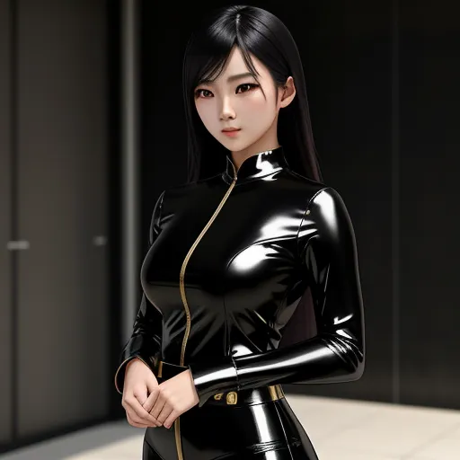 ai image creator from text - a woman in a black latex outfit posing for a picture in a room with a tile floor and a black wall, by Terada Katsuya