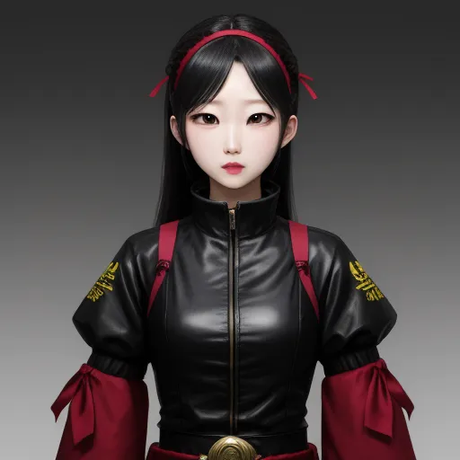 ai upscaler - a doll with a black and red outfit and a red ribbon around her neck and a gold buckle around her neck, by Chen Daofu