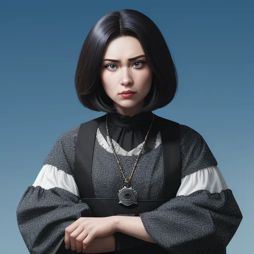 generate ai images from text - a woman with a necklace and a black dress with a white collar and a black and white collar and a black and white dress, by Terada Katsuya