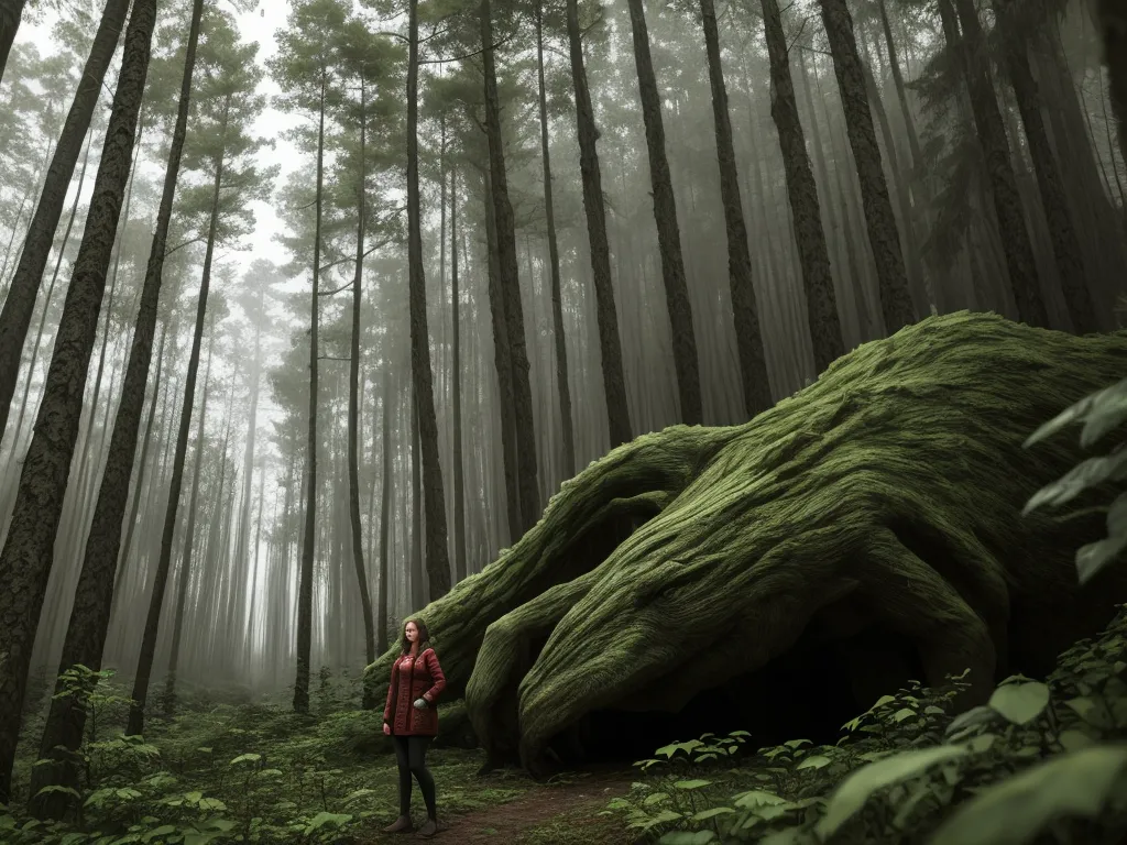 a woman standing in a forest with a huge mossy rock in the foreground and trees in the background, by Elizabeth Gadd