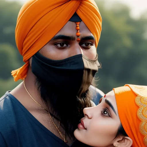 a man and woman wearing turbans and scarves are kissing each other in front of a forest, by Hendrik van Steenwijk I