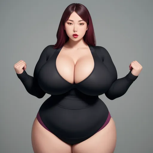 a woman in a black bodysuit with big breast and large breasts posing for a picture with her hands on her hips, by Terada Katsuya