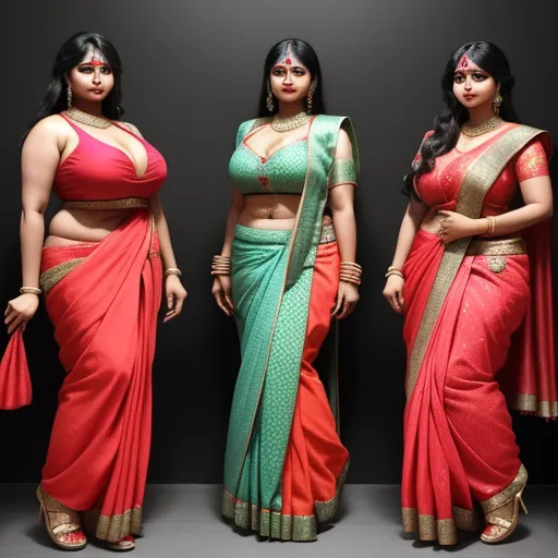 three women in red and green sari outfits standing next to each other with their hands on their hips, by Raja Ravi Varma