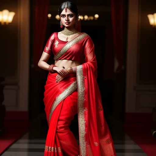 a woman in a red sari with gold accents on her chest and arms, standing in a doorway, by Raja Ravi Varma