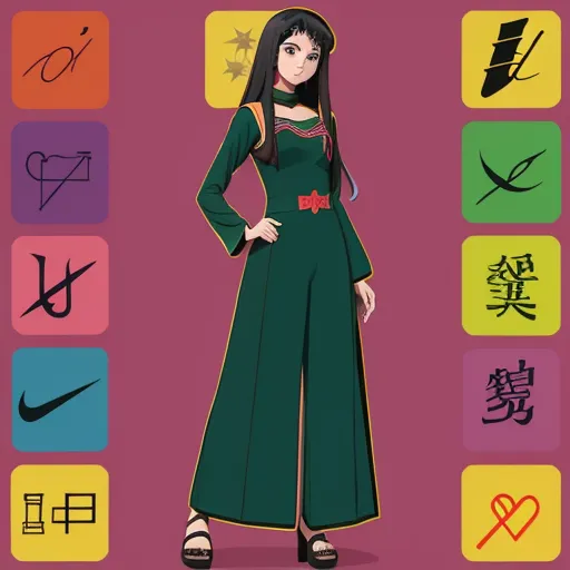 image ai generator from text - a woman in a green dress with a hat on her head and various symbols around her neck and shoulders, by Rumiko Takahashi