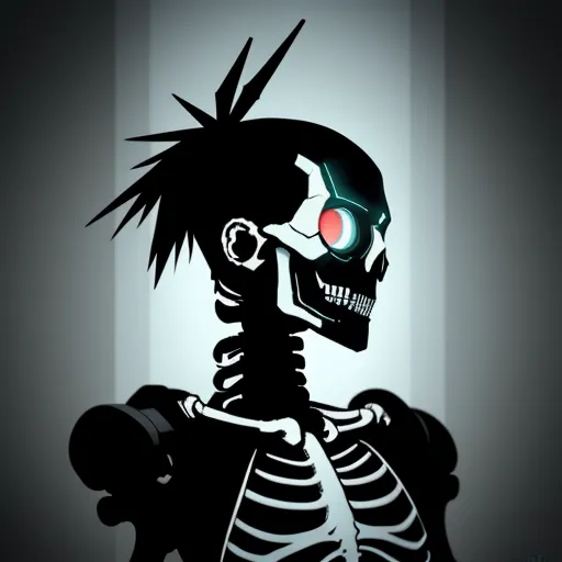 ai generator image - a skeleton with a red eye and a mohawk is shown in a dark room with a light coming from behind it, by Terada Katsuya