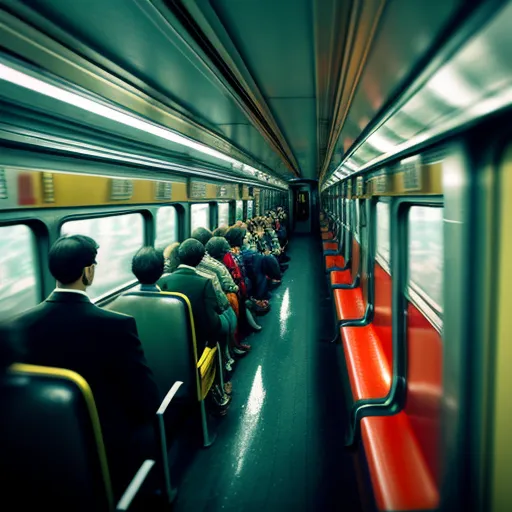 a group of people riding on a subway train next to each other on seats with red railings and yellow rails, by Akos Major