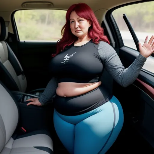 ai text to image generator - a woman in a car with her hands in the air and her stomach exposed, with her hands in the air, by Botero