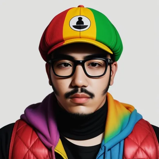 a man wearing a hat and glasses with a rainbow jacket and a black turtle neck sweater and a black turtle neck sweater, by Takashi Murakami