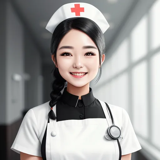 a woman in a nurse outfit with a stethoscope on her shoulder and a smile on her face, by Chen Daofu