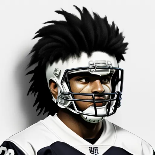 a football player with a mohawk and a football helmet on his face, with a white background and black trim, by Terada Katsuya