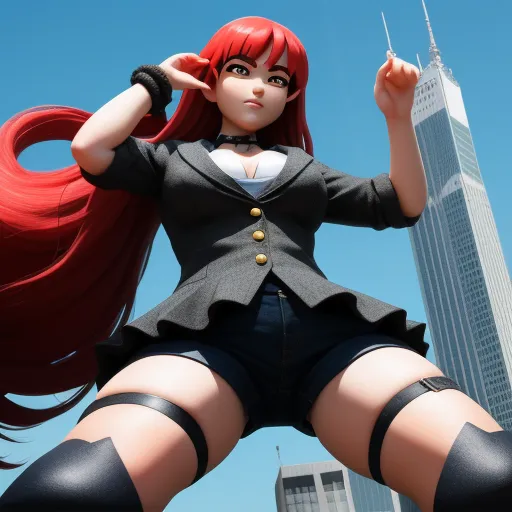 a woman with red hair and black clothes posing in front of a tall building with a skyscraper in the background, by Bakemono Zukushi