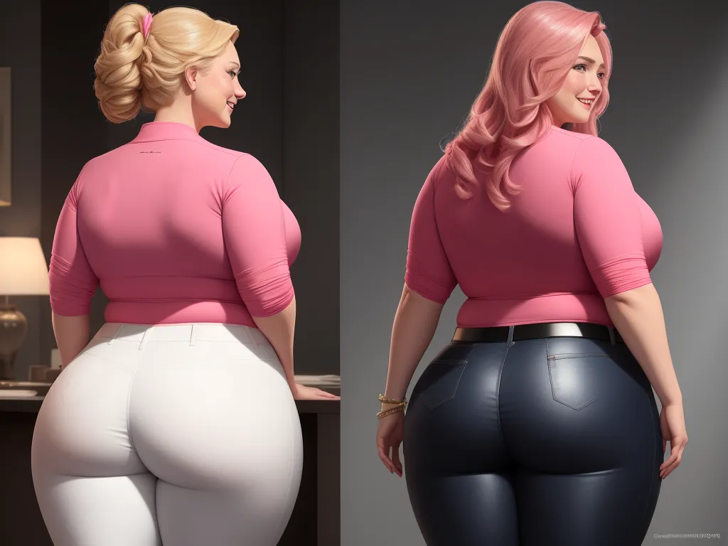 a woman in a pink top and white pants is standing in front of a mirror and looking at her butt, by Pixar Concept Artists