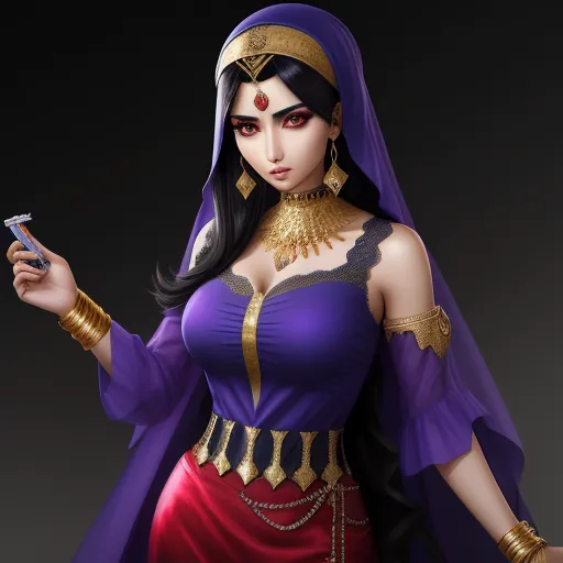 a woman dressed in a purple and gold costume holding a cell phone in her hand and a gold chain around her neck, by Hirohiko Araki