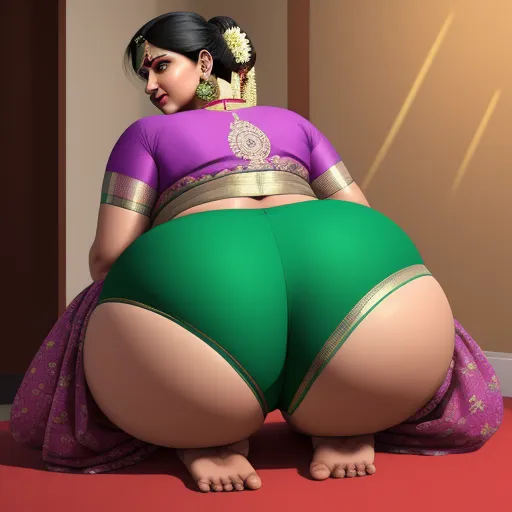 a woman in a green skirt and purple shirt is kneeling down on a red carpet and looking down at her butt, by Raja Ravi Varma