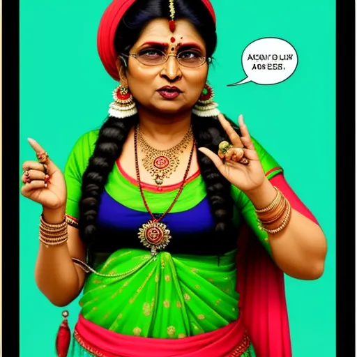 ai image enlarger - a woman in a green and red sari with a speech bubble above her head and a green background, by Raja Ravi Varma