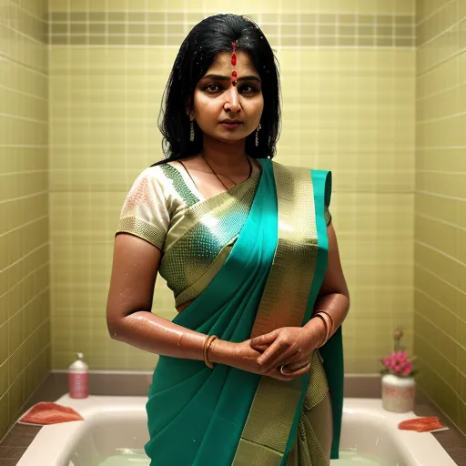 a woman in a green and gold sari standing in a bathtub with a green tile wall behind her, by Alec Soth