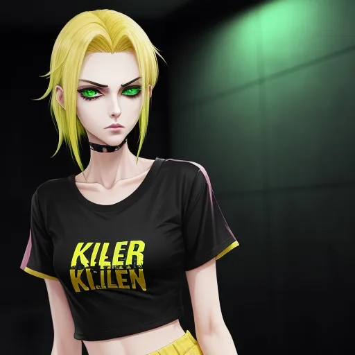 a woman with green eyes and a black shirt with yellow writing on it, standing in a dark room, by theCHAMBA