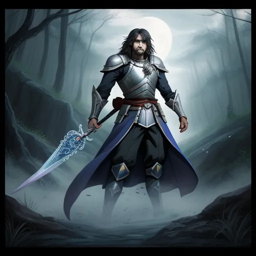 ai-generated images from text - a man in a knight outfit holding a sword in a forest with a full moon in the background and a full moon in the sky, by Chen Daofu