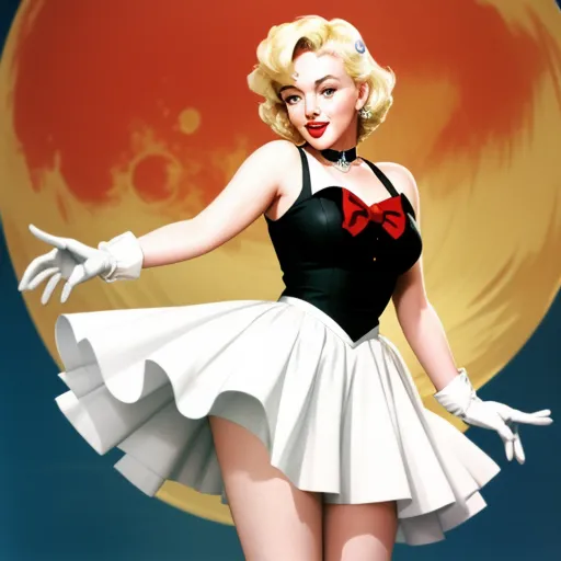 a woman in a short white skirt and red bow tie with her hands out in front of a full moon, by Gil Elvgren