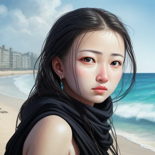 text to.image ai - a woman with a black scarf on a beach near the ocean and buildings in the background, with a blue sky and white clouds, by Daniela Uhlig