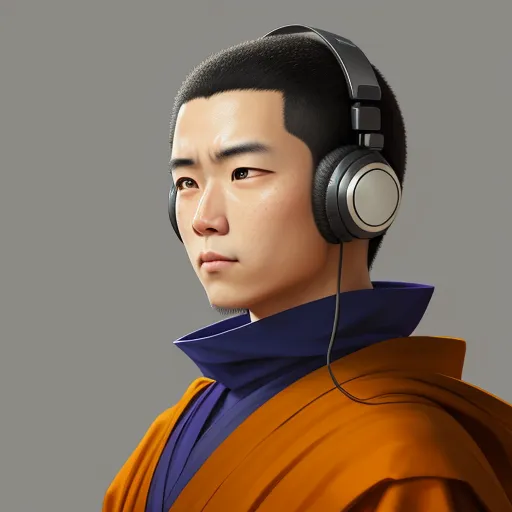 a man with headphones on his ears and a monk robe on his shoulders, looking to the side, by Hsiao-Ron Cheng