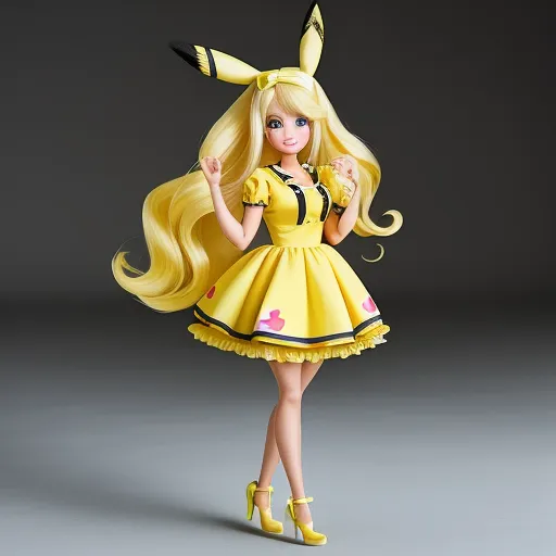 a doll dressed in a yellow dress and yellow shoes with a yellow hair and a yellow hat and tail, by Ken Sugimori