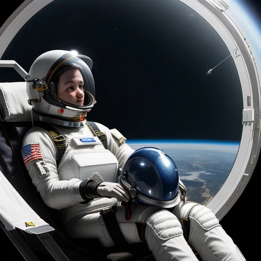 a man in a space suit sitting in a space station window with a view of the earth and a space shuttle, by Jeremy Geddes