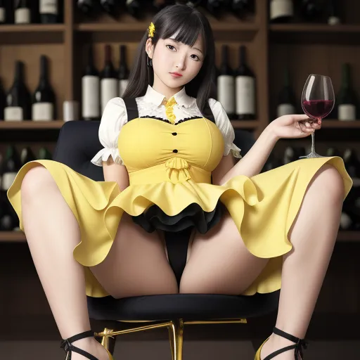 a woman in a yellow dress holding a glass of wine in her hand and sitting on a chair in front of a wine rack, by Terada Katsuya